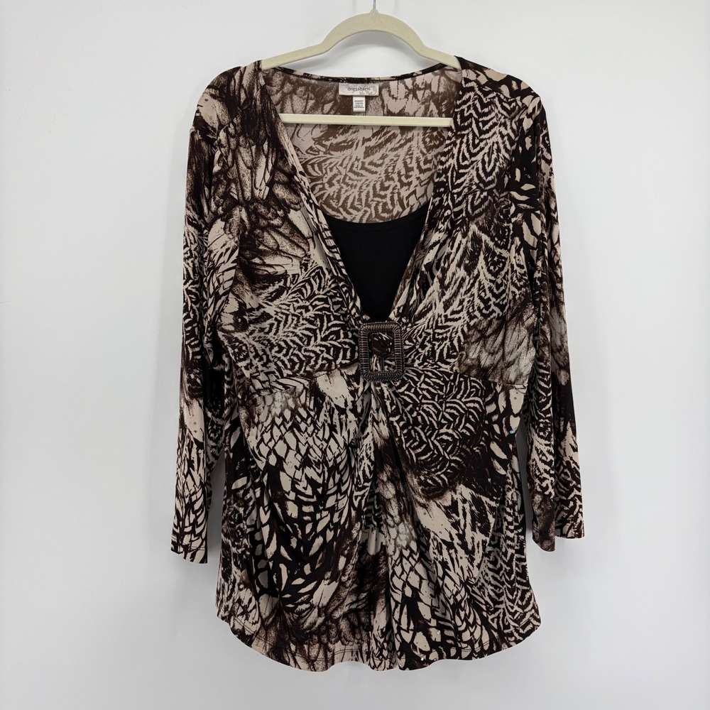 Dressbarn Womens 14/16 Brown Abstract Feather Print Buckle Layered Tunic Top